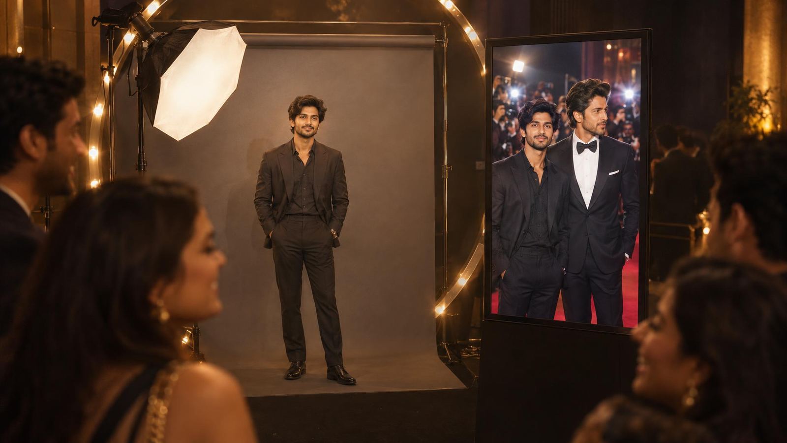A guest posing in a photo booth, with a screen showing him beside a film star on a red carpet