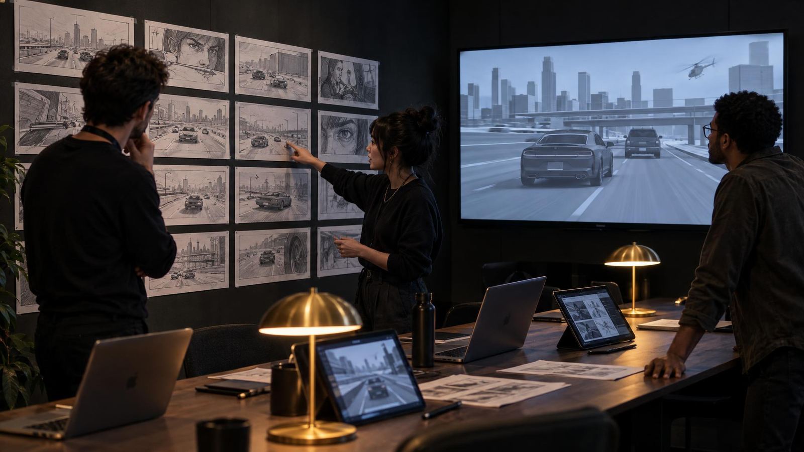 Filmmakers at a wall of storyboard panels, with a previz car chase playing on a big screen