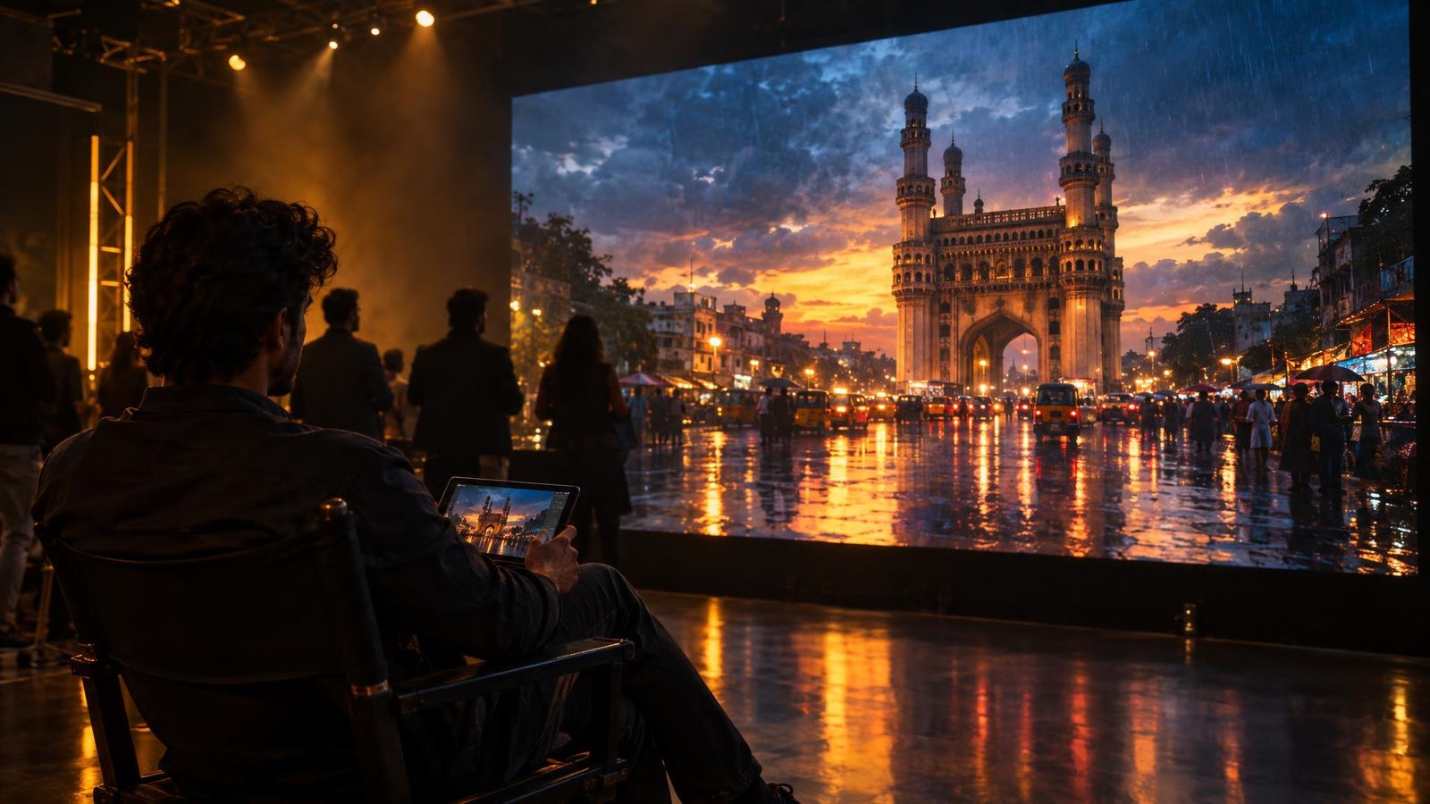 A guest in a director's chair facing an LED wall that shows rain on the Charminar at dusk