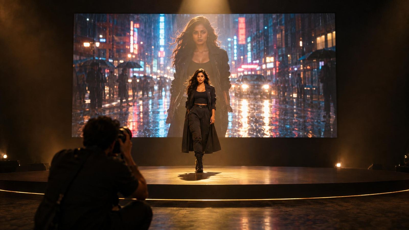 A guest under a spotlight on a small stage, in front of a screen showing her in a cinematic city scene