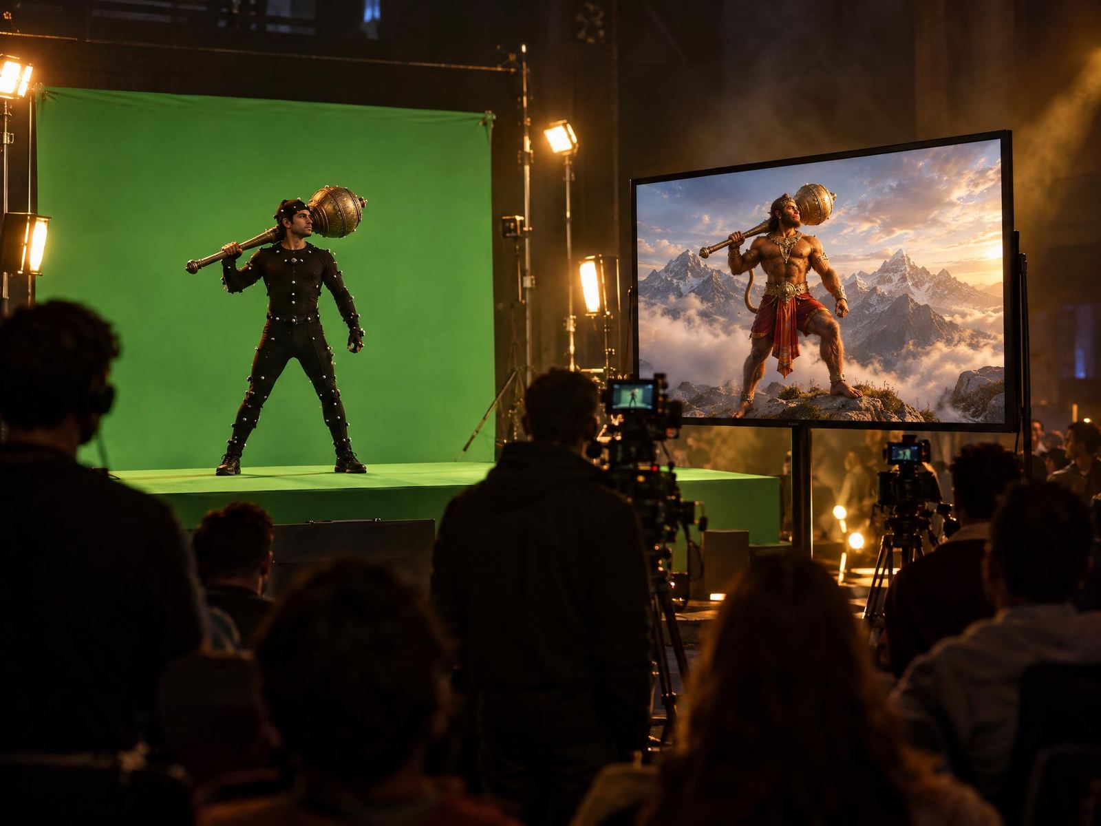 A mocap performer holding a gada on a green-screen stage, with a monitor showing him as Hanuman on a Himalayan ridge